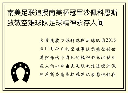 南美足联追授南美杯冠军沙佩科恩斯致敬空难球队足球精神永存人间 南美足联追授南美杯冠军沙佩科恩斯致敬空难球队足球精神永存人间