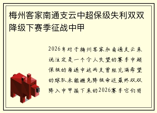 梅州客家南通支云中超保级失利双双降级下赛季征战中甲 梅州客家南通支云中超保级失利双双降级下赛季征战中甲